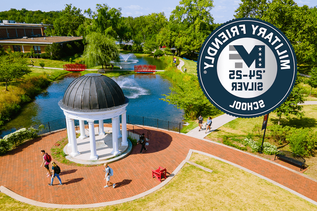 An aerial view of Sarah's Glen with the 2024-25 Silver Military Friendly School logo.